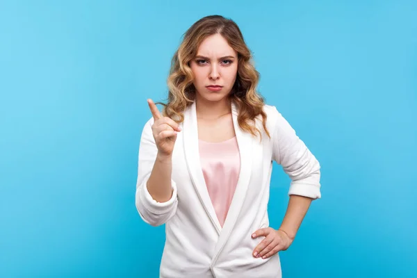 I told you! Portrait of bossy woman frowning face and pointing f — Stock Photo, Image