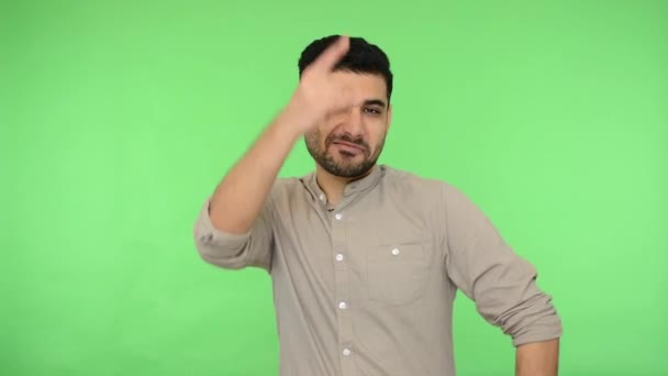 Enthusiastic Crazy Brunette Guy Shirt Showing Rock Roll Sign Gesture — ストック動画