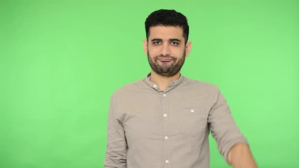 Dislike Negative Feedback Displeased Brunette Man Bristle Shirt Showing Double — Stock Video