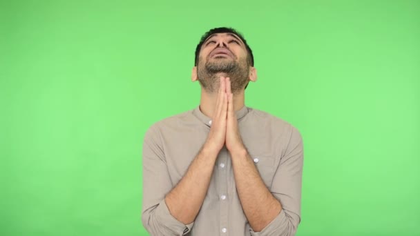 Distressed Brunette Man Bristle Shirt Clasping Hands Prayer Looking Pleading — ストック動画