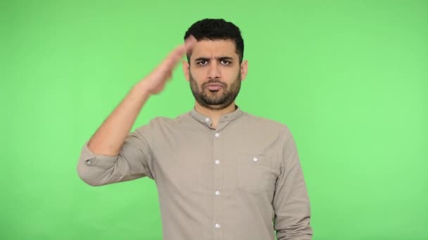 Yes Sir Patriotic Serious Brunette Man Bristle Shirt Holding Hand — Stock Video