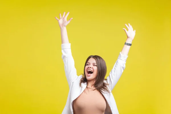 Portrait of extremely happy beautiful brunette woman raising han — Stock Photo, Image