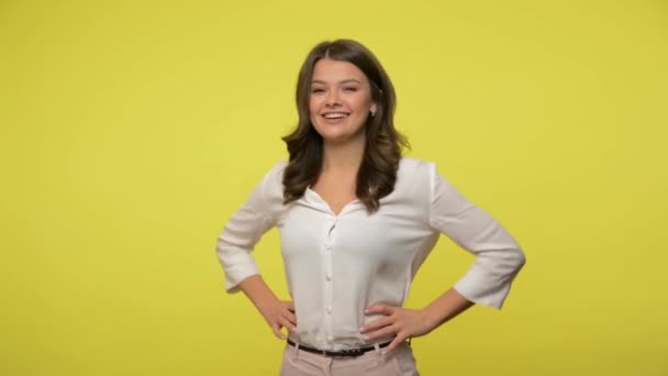 Cheerful Successful Businesswoman Brunette Hair Blouse Standing Confident Hands Hips — ストック動画