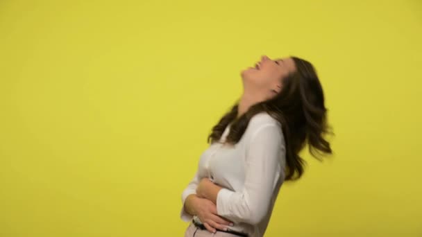 Joyful Carefree Woman Brunette Hair Blouse Laughing Out Loud Holding — Stock Video