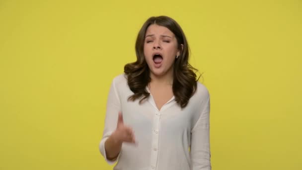 Drowsy Exhausted Woman Brunette Hair Blouse Yawning Covering Mouth Hand — Stock Video