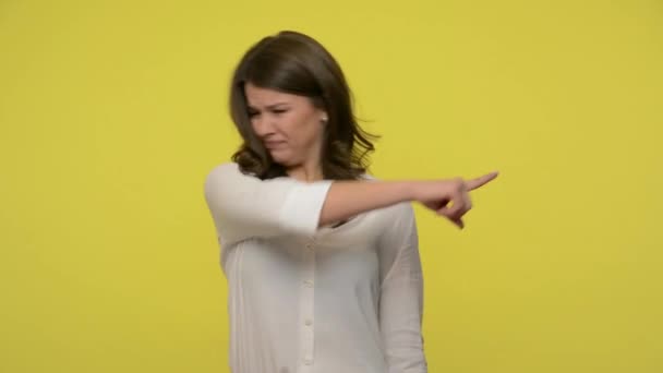 Angry Frustrated Woman Brunette Hair Blouse Showing Get Out Gesture — ストック動画