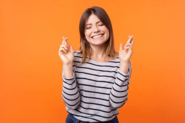 Portrait of hopeful joyous young woman with brown hair in long s clipart