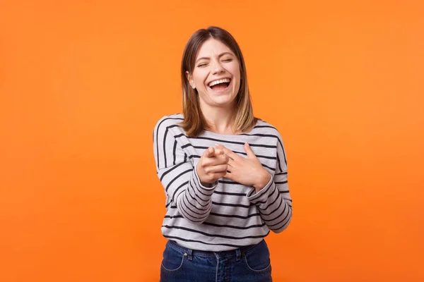 Portrait of amusing joyous young woman with brown hair in long s — 스톡 사진