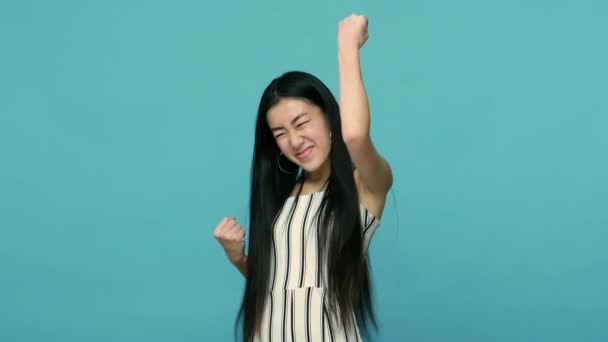 Ecstatic Joyful Asian Woman Long Straight Black Hair Dress Showing — Stock Video