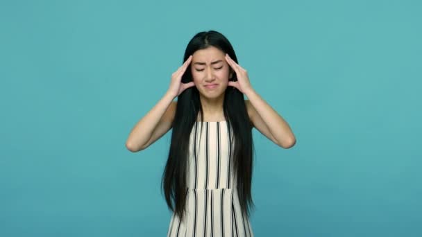 Head Pain Unhealthy Sick Asian Woman Long Black Hair Rubbing — 비디오