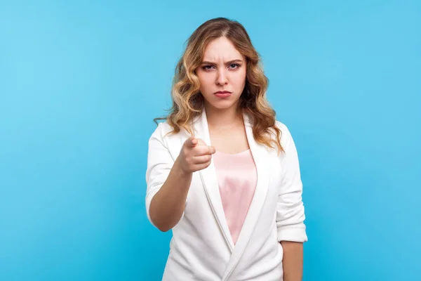 Hey you! Portrait of angry woman pointing finger at camera with — 스톡 사진
