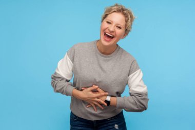 Happiness and laughter. Extremely excited woman with short hair  clipart