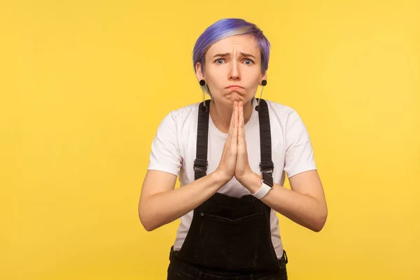 Portrait of upset hipster woman cupped hands in praying gesture, — Stock Photo, Image