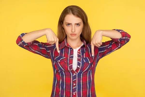 Here and right now! Portrait of angry bossy ginger girl in check — Stock Photo, Image