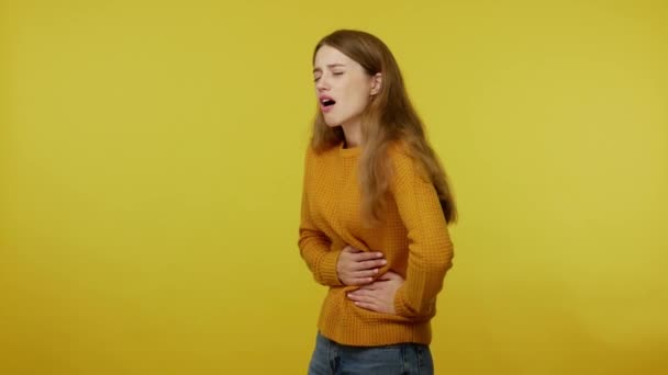 Depressed Young Woman Rubbing Painful Belly Frowning Suffering Stomach Ache — Stock Video