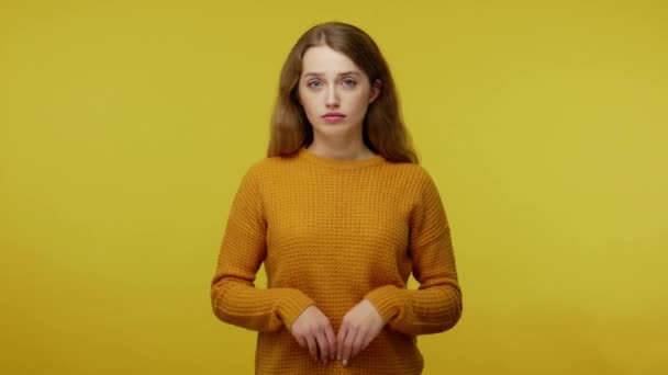 Clueless Puzzled Uncertain Girl Brown Hair Pullover Gesturing Don Know — Stockvideo