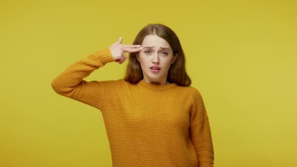 Müdes Enttäuschtes Mädchen Pullover Das Mit Dem Finger Auf Den — Stockvideo