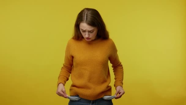 Frustrated Upset Poor Girl Brown Hair Pullover Turning Out Pockets — Stok video