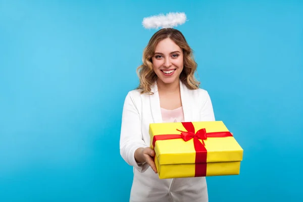 Portrait of generous angelic woman with halo on her wavy hair gi — Stock Photo, Image