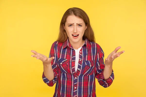 How could you! Portrait of disgruntled ginger girl in checkered — 스톡 사진