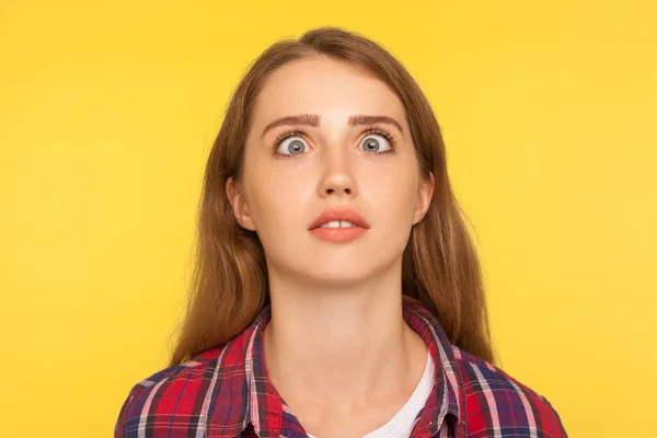 Closeup portrait of funny silly ginger woman in checkered shirt — Stock Photo, Image