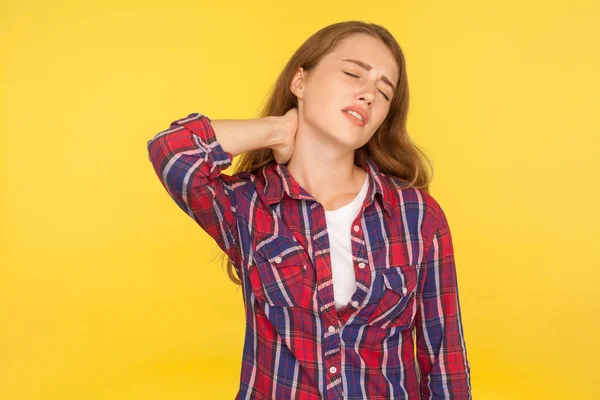 Back ache. Portrait of sick unhealthy girl in checkered shirt to — Stock Photo, Image