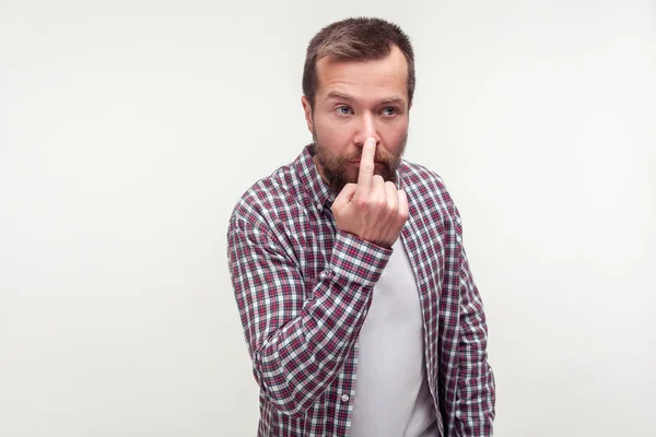 You are liar! Portrait of bearded man touching his nose showing — Stock Photo, Image