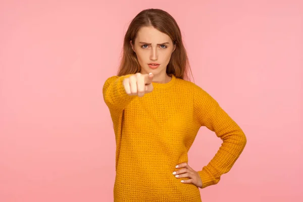 Hey you! Portrait of serious bossy ginger girl in sweater pointi — 스톡 사진