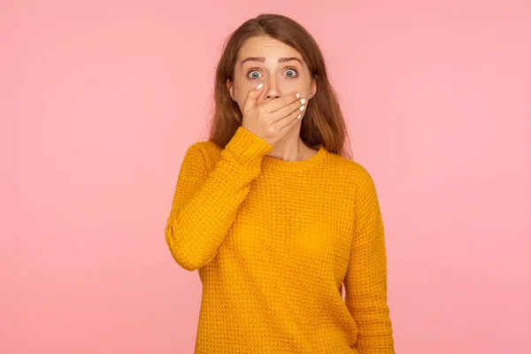 I won't say! Portrait of frightened ginger girl in sweater cover — Stock Photo, Image