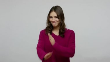 Never again, no way more! Nice-looking brunette woman in pullover saying no and crossing hands