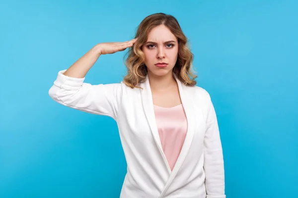 Yes sir! Portrait of serious woman giving salute, obediently lis — Stock Photo, Image