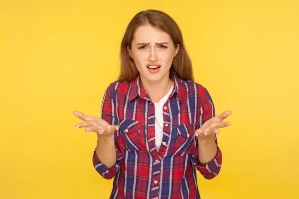 What do you want? Portrait of angry disgruntled ginger girl in c — Stockfoto