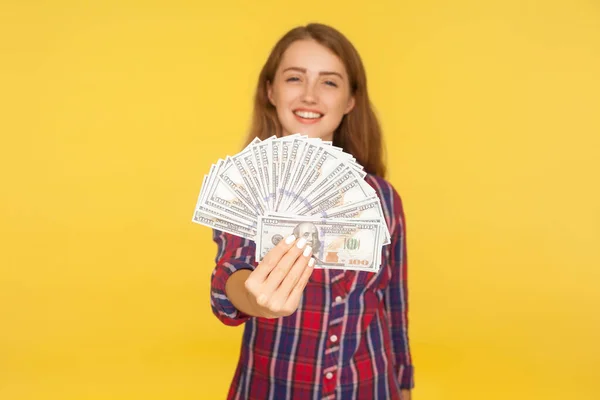 Portrait of young millionaire, rich happy girl in checkered shir — Stock Photo, Image