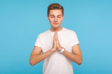 Peaceful mind, harmony. Portrait of man holding hands cupped and