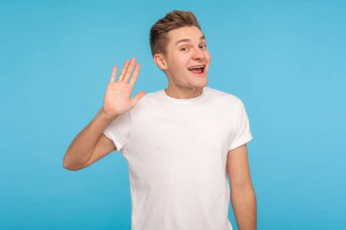 Hello, welcome! Portrait of funny happy hospitable man in casual