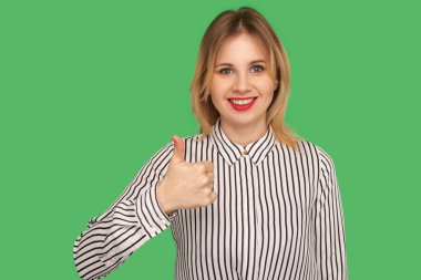 Like, approval sign! Cheerful pretty girl with bright red lips s