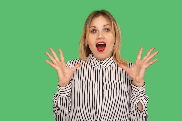 Oh my god, wow! Excited surprised blond girl in striped blouse s — Stok fotoğraf