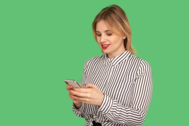 Portrait of happy beautiful businesslady with red lips in glamou