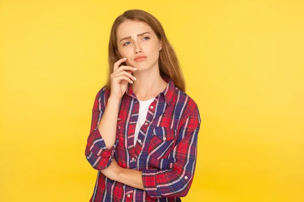 Portrait Pensive Thoughtful Ginger Girl Checkered Shirt Pondering Confused Bewildered — Stock Photo, Image