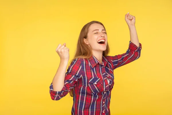 Hurra Triunfa Retrato Chica Feliz Encantada Con Camisa Cuadros Regocijando — Foto de Stock