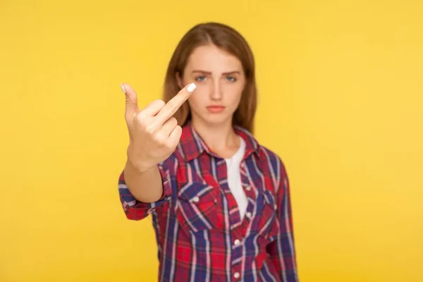 Portrait Displeased Ginger Girl Checkered Shirt Showing Middle Finger Looking — Stock Fotó