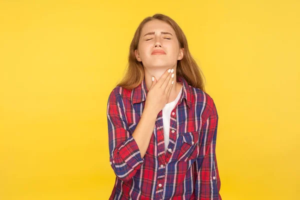 Portrait Sick Young Woman Checkered Shirt Touching Sore Neck Grimacing — Stock Photo, Image