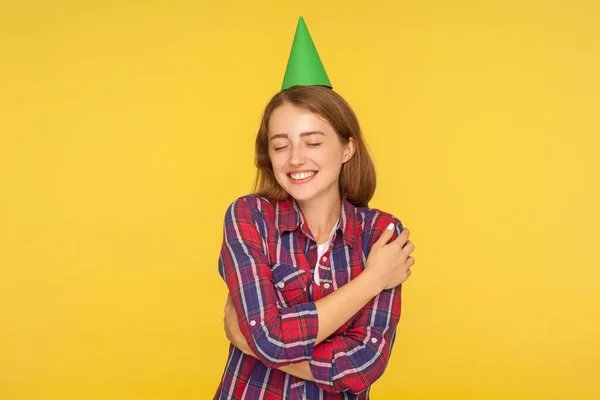 Parabéns Para Mim Amo Retrato Menina Gengibre Egoísta Camisa Casual — Fotografia de Stock