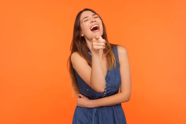 Lol Hey You Excited Joyful Brunette Woman Laughing Out Loud — Stock Photo, Image