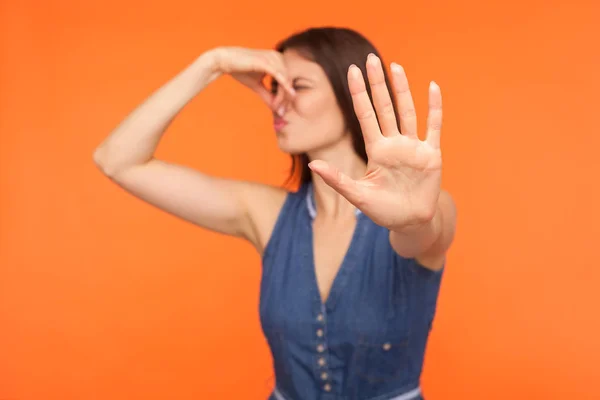 Awful Odor Stink Confused Woman Pinching Nose Gesturing Stop Ignoring — Stock Photo, Image