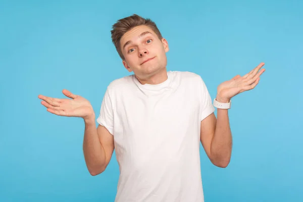 Maybe Don Know Portrait Funny Unsure Man White Shirt Raising — Stock Photo, Image