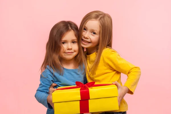 Gifts Kids Portrait Two Cute Happy Little Girls Holding Wrapped — Stock Photo, Image