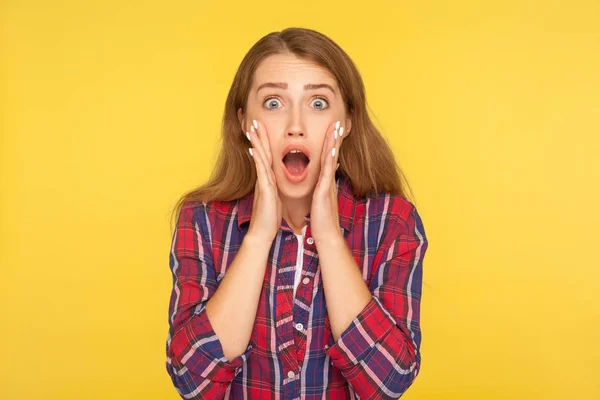 God Wow Portrait Shocked Amazed Ginger Girl Checkered Shirt Looking — Stock Photo, Image