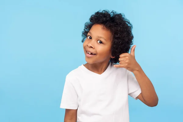 Call Portrait Funny Little Boy Holding Fingers Shaped Telephone Head — Stock Photo, Image