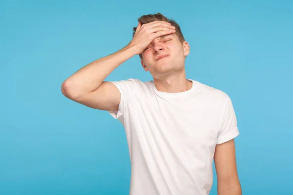 Nej Jag Glömde Porträtt Olycklig Man Avslappnad Vit Shirt Gör — Stockfoto